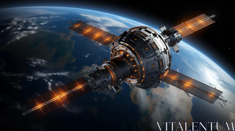 Metallic Satellite Orbiting Earth: Sci-Fi Illustration AI Image