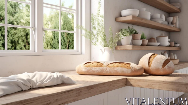 Rustic Kitchen with Green Landscape View AI Image