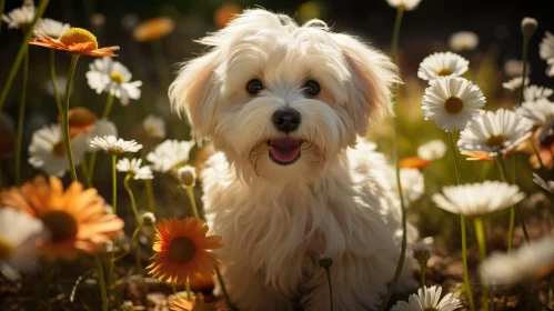 White Fluffy Dog in Field of Daisies