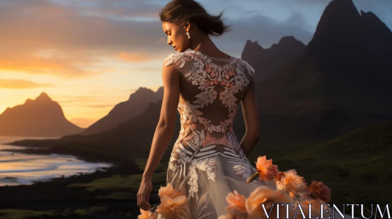 Woman in White Dress on Cliff at Sunset AI Image
