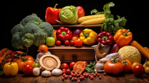 Colorful Fresh Vegetable Still Life on Wooden Table
