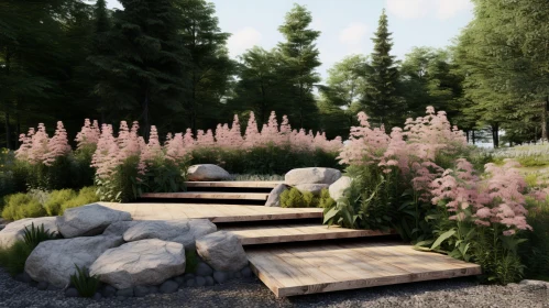 Enchanting Garden 3D Rendering with Pink Flowers
