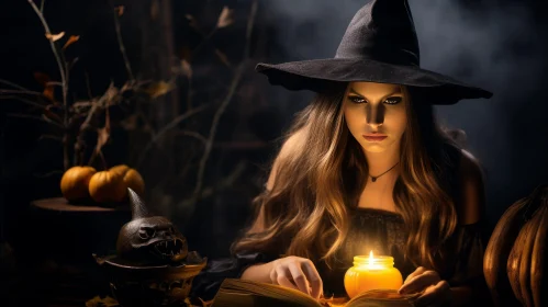 Enchanting Witch Reading Book with Candle and Pumpkin