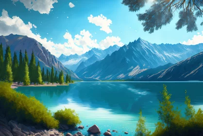 Majestic Mountains and Turquoise Lake - Realistic Landscape Painting