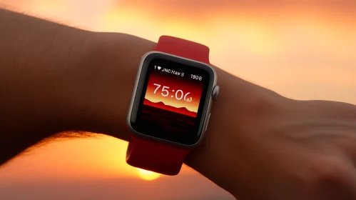 Red Apple Watch with Sunset Background - Time 7:05, Date 1 June
