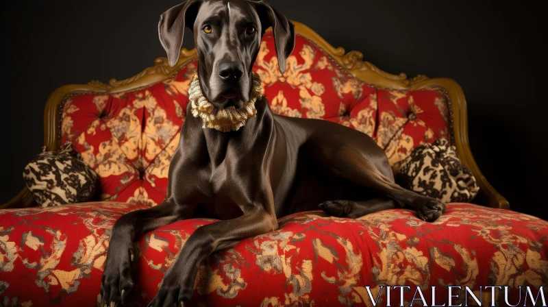 Serious Great Dane Dog on Red and Gold Couch AI Image