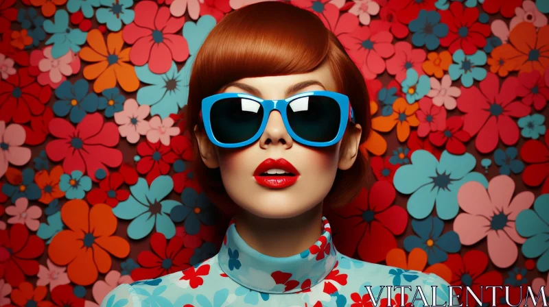 Serious Young Woman with Red Hair and Blue Sunglasses AI Image