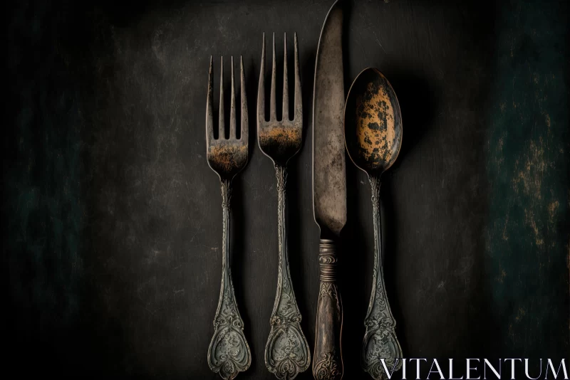 Vintage-Inspired Still Life: Forks and Knives on Dark Background AI Image