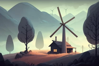 Captivating Windmill Illustration with Mountains and House