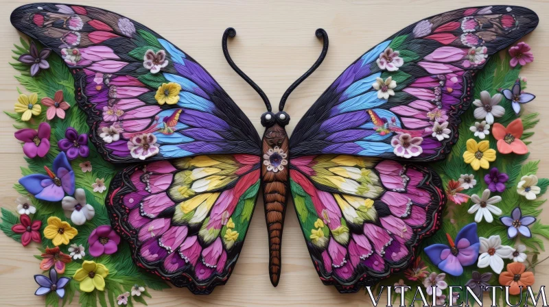 Colorful Butterfly and Flowers on Wood Grain Background AI Image
