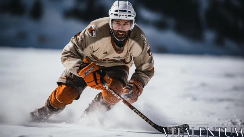 Determined Hockey Player Skating on Snow-Covered Lake AI Image