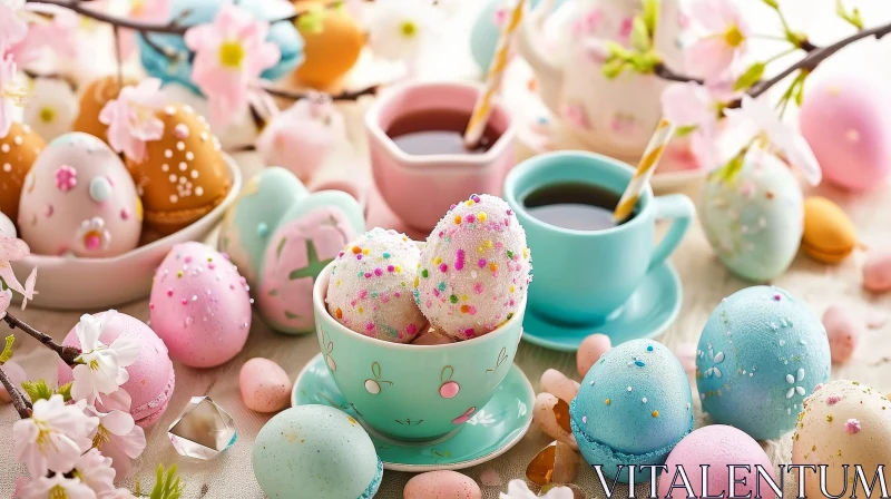 Easter Table Decoration with Teacups and Easter Eggs AI Image
