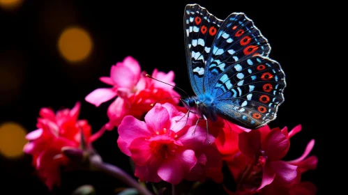 Exquisite Blue and Black Butterfly on Pink Flower