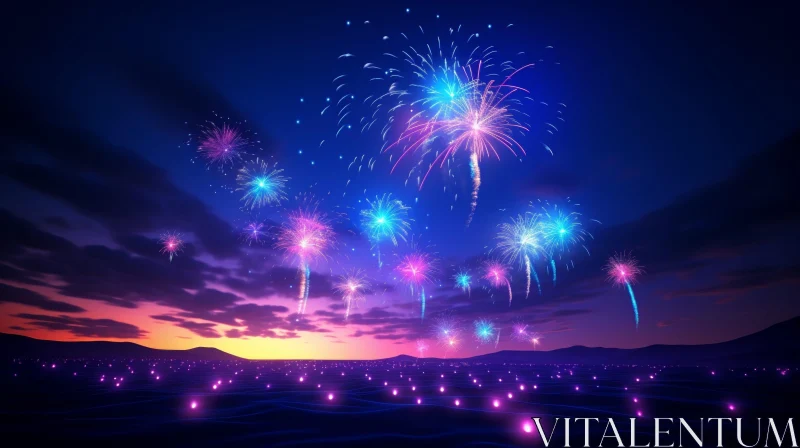 AI ART Night Landscape with Colorful Fireworks and Mountains
