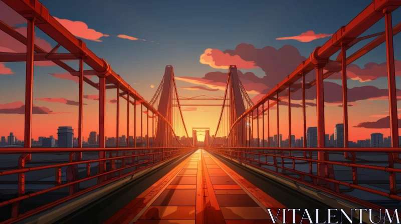 Orange Metal Bridge at Sunset - Cityscape Digital Painting AI Image