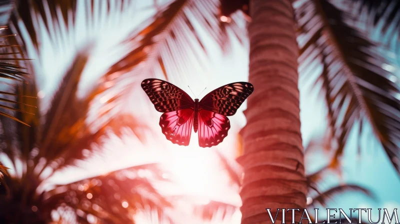 AI ART Pink Butterfly Close-up with Palm Tree in Nature