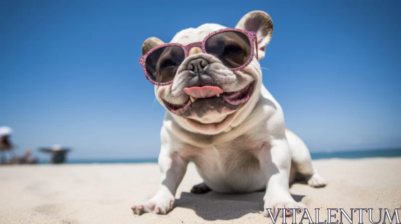 AI ART Playful French Bulldog on Beach with Pink Sunglasses