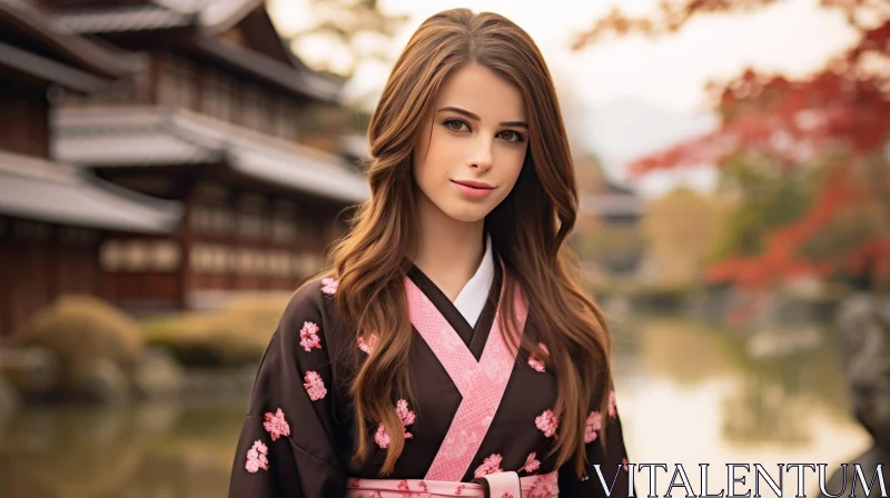 AI ART Young Woman in Kimono at Japanese Garden