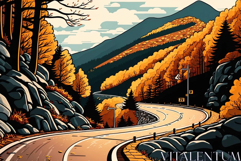 Autumn Road in the Mountains - Hyper-Detailed Illustration Poster AI Image