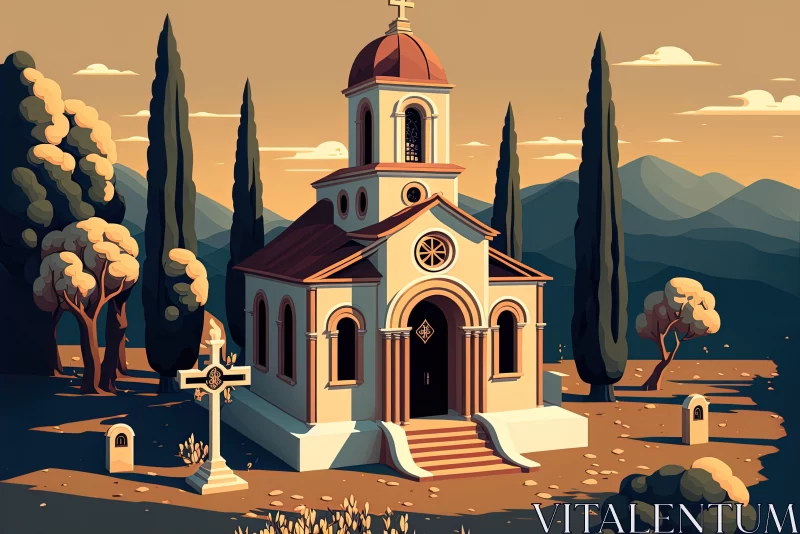 Cartoon Church in the Countryside: Earth Tone Palette, Greek Art AI Image