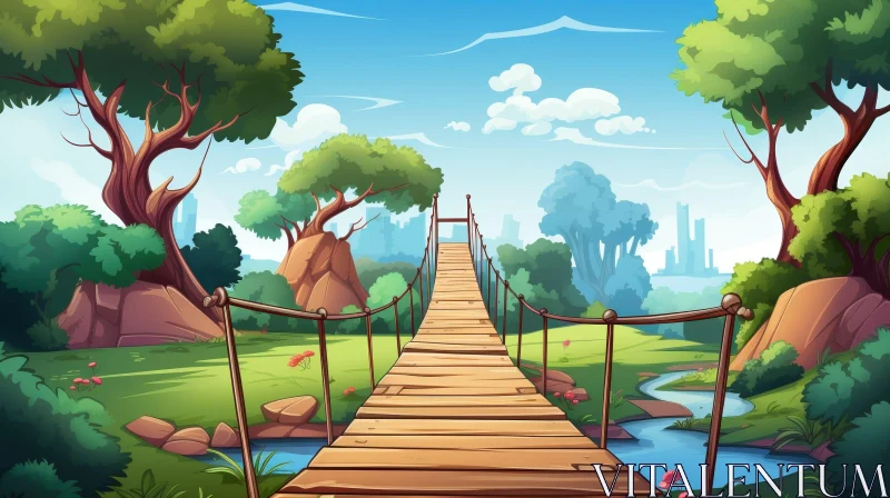 Colorful Cartoon Landscape with Wooden Bridge and River AI Image