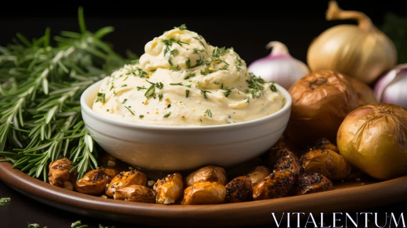 Delicious Garlic Mashed Potatoes on Wooden Plate AI Image