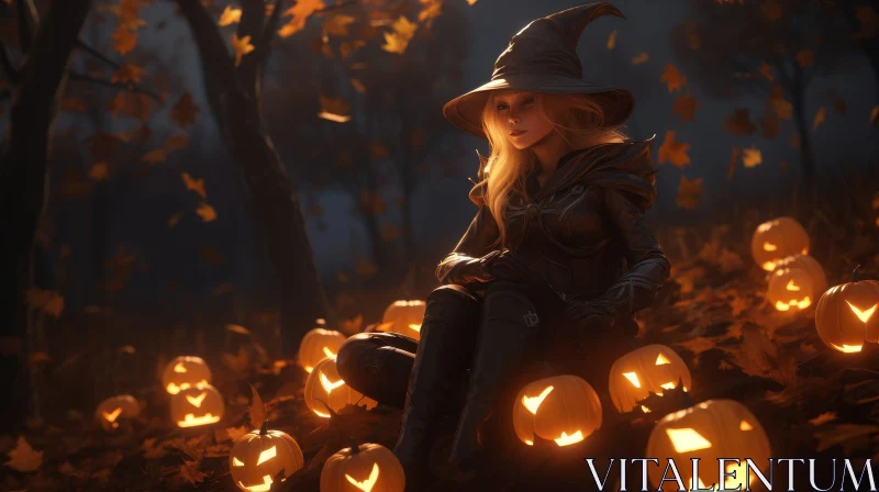 Enchanting Witch in Dark Forest with Pumpkins AI Image