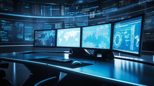 Futuristic Control Room with Data Monitors AI Image