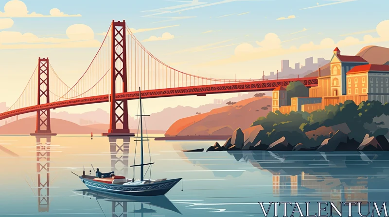 Golden Gate Bridge Digital Painting at Sunset AI Image
