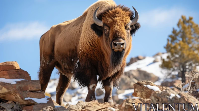 Majestic Bison on Rocky Hilltop with Mountain Background AI Image