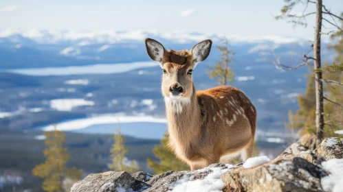 Majestic Deer Portrait in Snowy Mountain Landscape