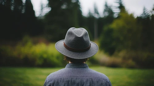 Man in Gray Hat Standing in Field Looking at Trees
