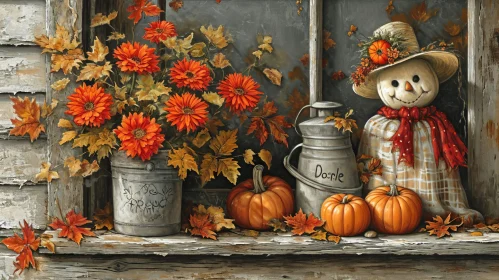 Scarecrow in Window with Pumpkins and Flowers