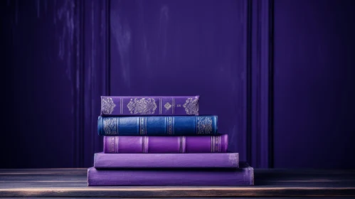 Stack of Five Books on Wooden Table - Shades of Purple and Blue