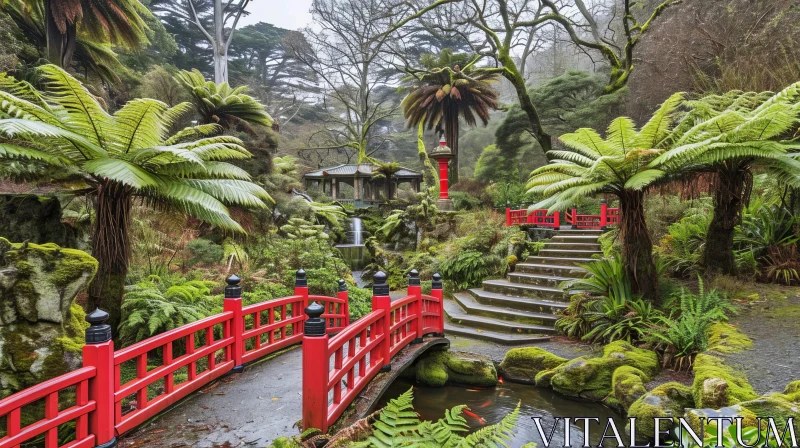 Tranquil Garden with Red Bridge and Waterfall AI Image