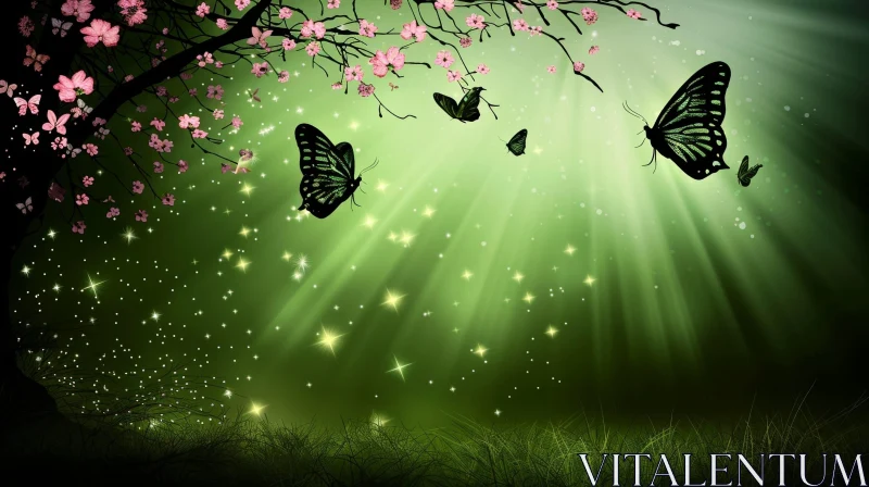 Tranquil Nature Scene with Tree, Flowers, Butterflies, and Meadow AI Image