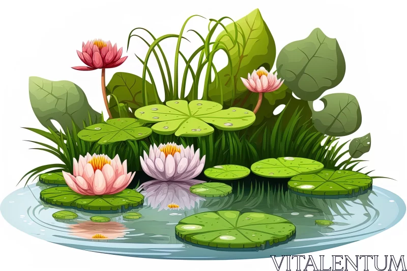 Tranquil Water Lilies and Leaves on a Pond: A Creative Illustration AI Image