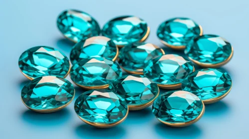 Turquoise Gemstones in Gold Setting on Blue Background