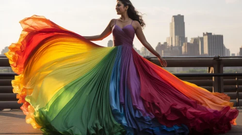 Urban Fashion: Young Woman in Rainbow-Colored Dress