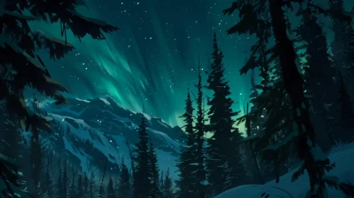 Winter Landscape with Aurora Borealis and Stars
