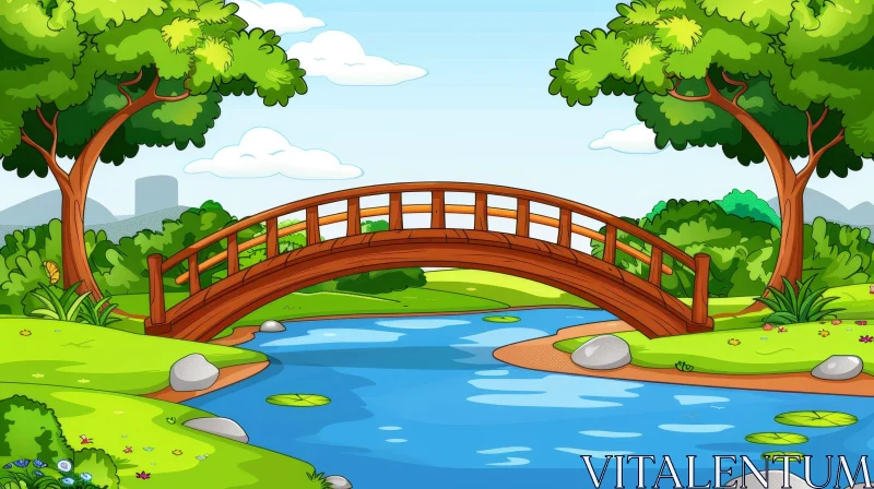 AI ART Wooden Bridge Over River - Cartoon Vector Illustration