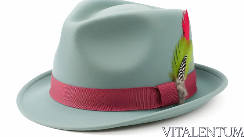 AI ART Blue Fedora Hat 3D Rendering with Red Ribbon and Feather