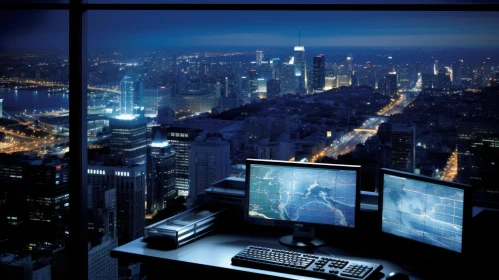 City Night View with Office Computers