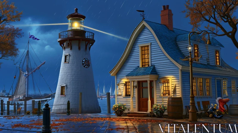 AI ART Enchanting Lighthouse and Cottage in Stormy Night