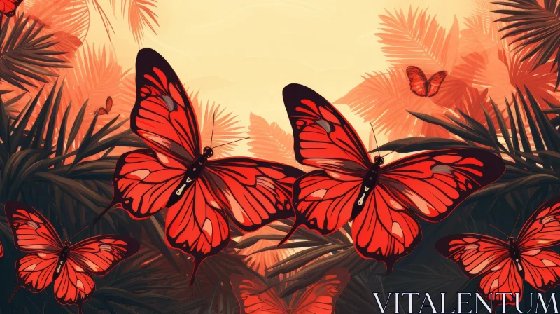 Enchanting Tropical Rainforest with Red Butterflies AI Image