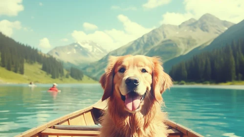 Golden Retriever Dog in Canoe on Mountain Lake