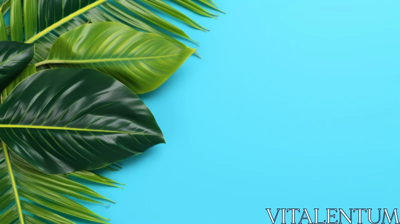 Green Tropical Leaves on Blue Background - Nature-Inspired Design Element AI Image