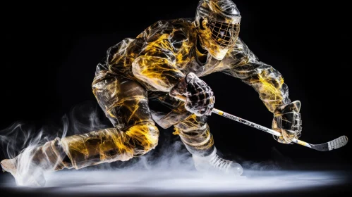 Intense Ice Hockey Player in Gold Uniform Skating