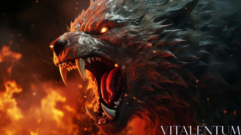 Intense Wolf Digital Painting in Fiery Background AI Image