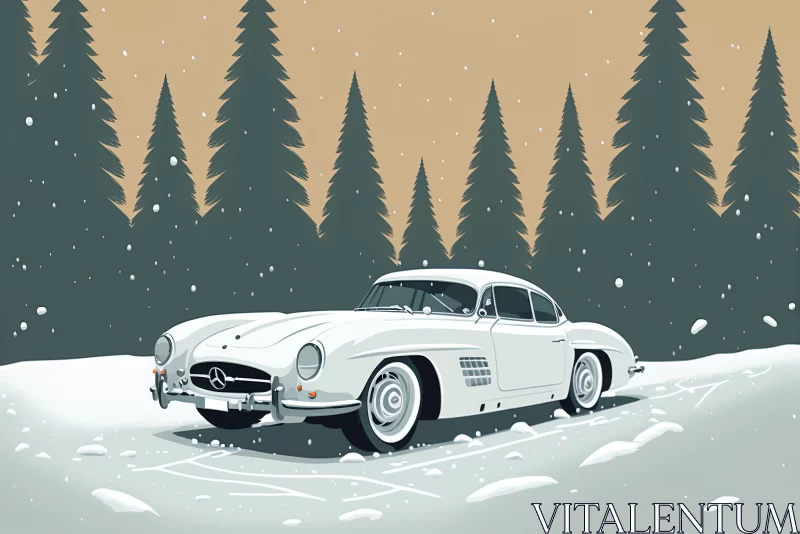 AI ART Mercedes-Benz 300SL Surrounded by Trees in the Snow - Classic Car Illustration